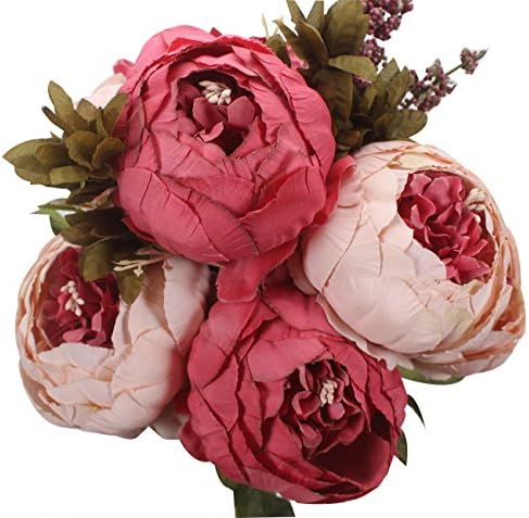 XIUER Vintage Artificial Flowers Fake Peony Flowers Bouquet Glorious Wedding Home Bridal Decoration (Dark Pink)
