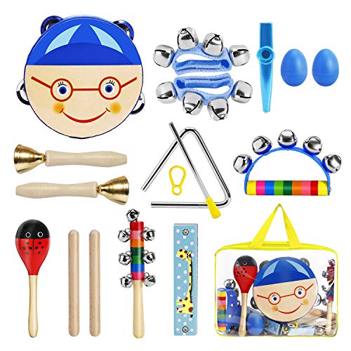 ShinePick Toddler Educational Musical Instruments Toys Set for Kids 15Pcs Wooden Percussion Instruments Tambourine Maracas Harmonica for Boys & Girls Preschool Education with Carry Bag