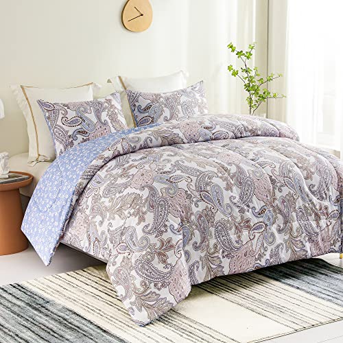 Exclusivo Mezcla 7.5 Tog Single Size Duvet Set with 1 Pillowcase, Reversible Coverless Duvet All Seasons with Boho Paisley Pattern, Lightweight and Machine Washable, Lilac