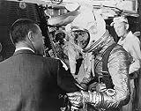 POSTER A3 NASA Freedom 7 Prelaunch Astronaut Virgil I. Gus Grissom wishes Alan B. Shepard a safe flight just before insertion into the Freedom 7 spacecraft mated on the