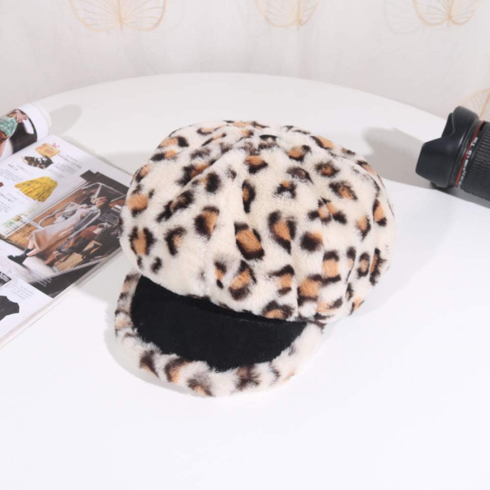 mlpnko Leopard Print Beret Women's Warm Newsboy Painter Hat England Wild Youth Octagon Hat Beige Adjustable