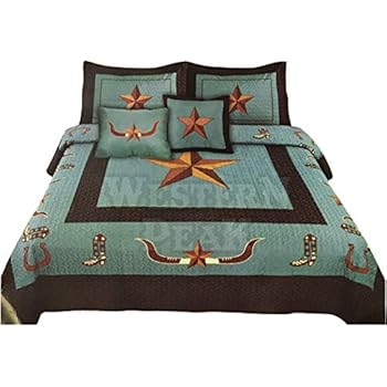 Western Peak Texas Star Longhorn Cowboy Boots Horseshoe 5 Piece Home Bedding Quilt Set (Turquoise, Queen)
