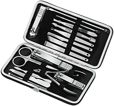 Mens Manicure Set NIGHTSH 16 In 1 Stainless Steel Professional Pedicure Kit Nail Scissors Grooming Kit with Black Leather Travel Case (Silver)