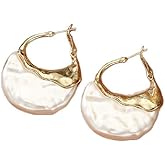 Dainty Trendy Gold Irregular Pearl Hoop Earrings Unique Large Statement Pearl Drop Dangle Earrings Charm Valentine's Day Jewelry Gifts for Women