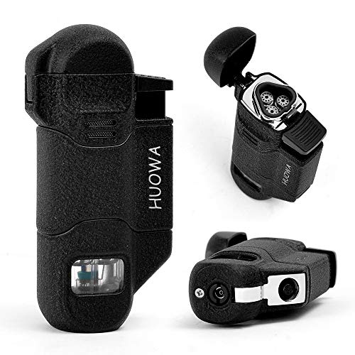 HUOWA Triple Jet Torch Lighter with Cigar Punch Cutter Tool and Gas Window, Unique Turbo Quadruple Red Flame Butane Refillable Gadgets for Men Gift Ideas