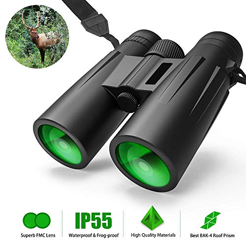 12X42 Roof Prism Binoculars Waterproof Professional HD Binoculars with Low Light Night Vision FMC Lens & Carrying Bag Strap Compact Adults BAK4 Binocular for Travel Birds Watching Hunting Concerts