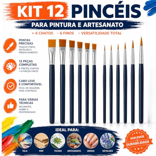 Kit 12 Pincéis para Pintura, 6 Ponta Fina Redonda e 6 Ponta Chata, para Aquarela, Óleo, Acrílica e Artesanato