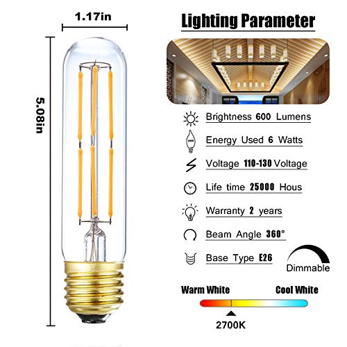 LEOOLS T10 Led Bulb, 6W Dimmable Led Tubular Bulbs, 60 Watt Incandescent Bulb Equivalent, 2700K Warm White,600LM, Clear Glass, E26 Base Lamp Bulb, for Cabinet Display Cabinet etc,6 Pack. - Thumbnail 5