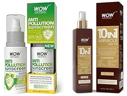 WOW Anti Pollution SPF40 Water Resistant No Parabens & Mineral Oil Sunscreen Lotion, 100mL and WOW 10 in1 Miracle No Parabens & Mineral Oil Hair Oil, 200mL