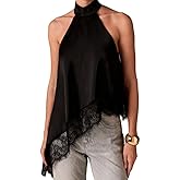 Naileksi Women Y2K Lace Trim Satin Halter Top Sleeveless Mock Neck Loose Fit Lace Camisole Sexy Asymmetric Hem Tank Shirt
