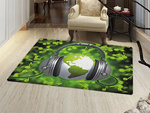 World Bath Mat non slip World of Music Themed Composition DJ Headphones Musical Notes and Earth Globe Customize door mats for home Mat Lime Green Grey