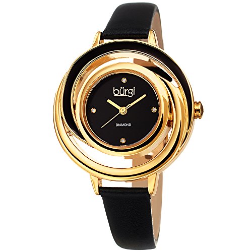 Burgi Leather Women's Watch - Slim Leather Strap - Three Hand Movement with Diamond Markers - Floating Enamel Dial - Round Analog Quartz