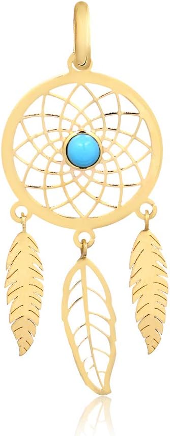Carol Jewelry 18K Yellow White Gold Dream Catcher Feather Natural Turquoise Stone Charm Pendant, 1.45''