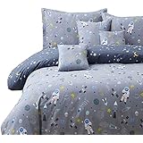 Brandream Sheets Set Queen Size Kids Gray Astronaut Bedding Sets Cotton Outer Space Boys Top Sheet Fitted Sheer Pillow Cases Set of 4