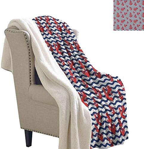 Willsd Anchor Cashmere Velvet Wavy Stripes with 3D Style Marine Anchors Summertime Classical Colors Washable Shaggy Fleece Blanket Vermilion Navy Blue White W59 x L78