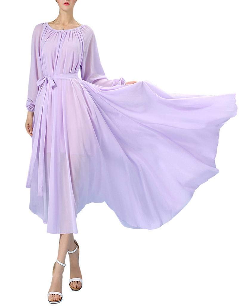 Photo 1 of *MISSING BELT* BUENOS NINOS Women's Long Sleeve Crew Neck Loose Chiffon Long Maxi Dress with Belt Lavender S