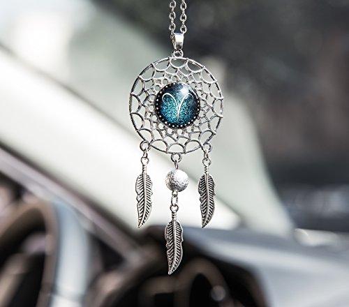 Mini Aries Zodiac Sign Dream Catcher Car Charm Rear View Mirror Accessories, Boltz Boho Dangling Feather Tassel Bead Pendant Constellation Ornament Wall Hanging Home Decoration (Aries)