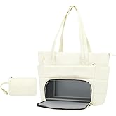 Partreko Work Laptop Tote Bags with Insulated Lunch Compartment& Clutch Purse, Lightweight Puffer Lunch Tote Bag with 15.6 Inch Laptop Compartment for Women Daily Business Office Teacher Nurse (Beige)