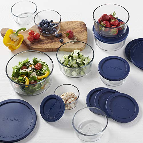 Anchor Hocking Glass Food Storage Containers with Navy SnugFit Lids (18
