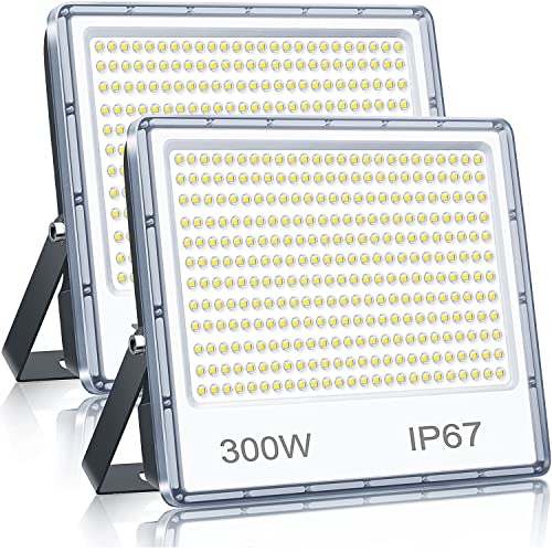 YIQIBRO 300W Outdoor LED Spotlights 2 Pieces, 30000LM 6500K Cool White Outdoor LED Lights with Transformer, IP67 Waterproof Projector for Garden, Terrace, Garage, Warehouse, Factory, Workshop