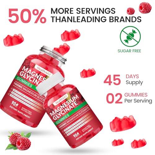 Magnesium Glycinate Gummies 1000mg, High Absorption Sugar Free Magnesium Potassium Supplement for Relaxation, Stress Relief, and Sleep Support for Adults & Kids - 90 Raspberry Gummies