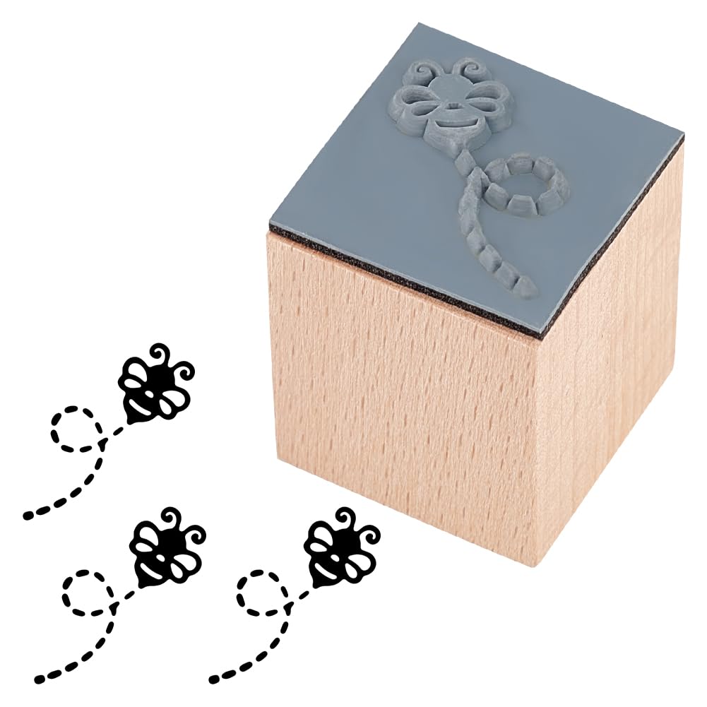 OLYCRAFT Bee Wooden Rubber Stamp - 25mm Square Bee Stamp with Dashed Line Pattern for Scrapbooking, Planner Decorations, DIY Crafts, Cards