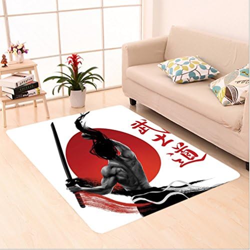 Nalahome Custom carpet Samurai at Practice with Muscles and Katana Japanese Sun Asian Discipline Image Red Black White area rugs for Living Dining Room Bedroom Hallway Office Carpet (4' X 6')