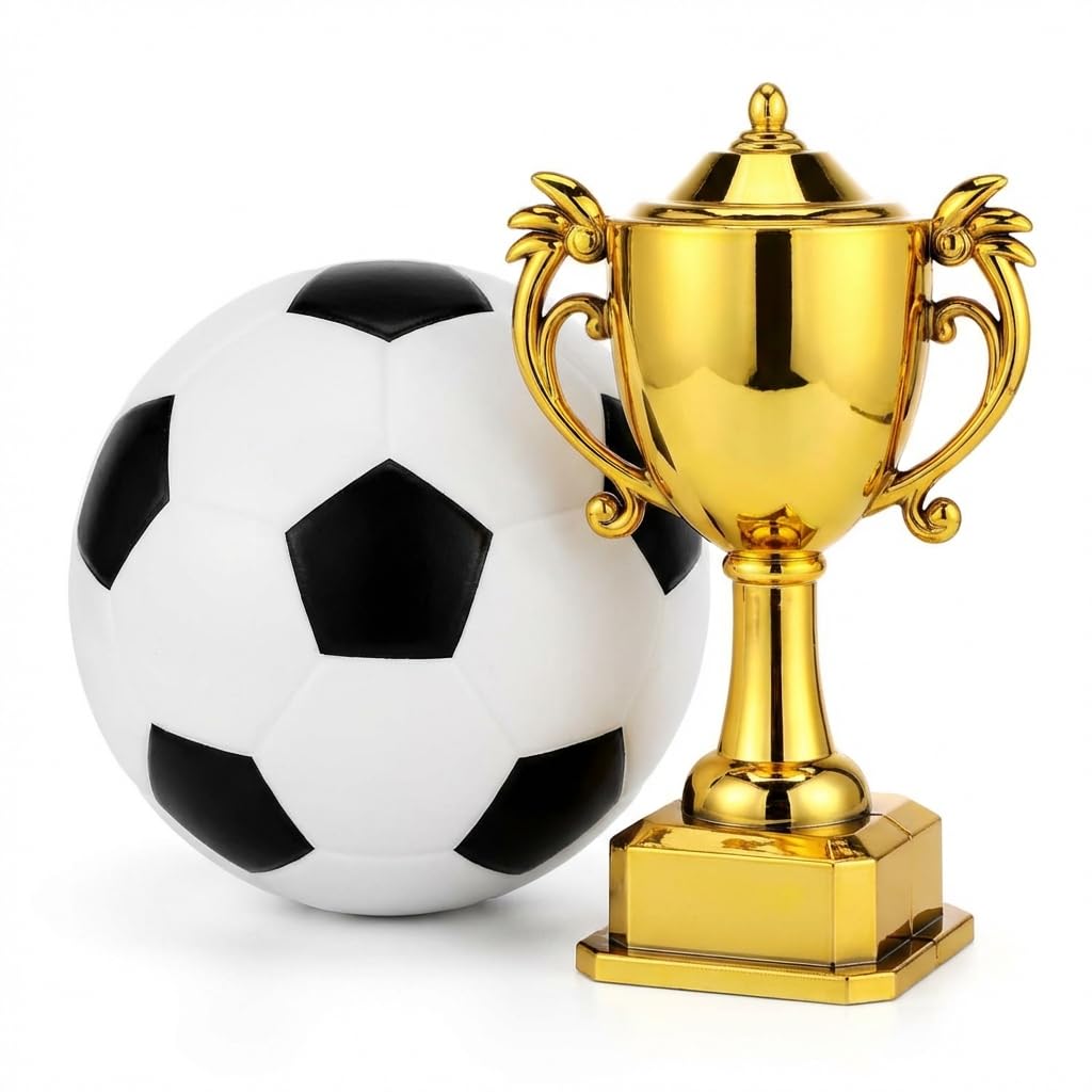 2 PCS Football Cake Decorations Set,Plastic Soccer Ball,Gold Trophy Cake Topper,Football Cake Topper for Boys Kids Birthday Party,World Cup Themed Cake Supplies,Mini House Accessories