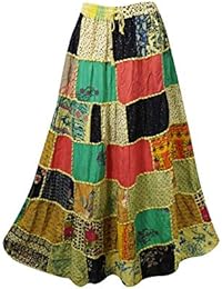 Women's Maxi Skirt Green Patchwork Gypsy Tiered Maxi Skirt M