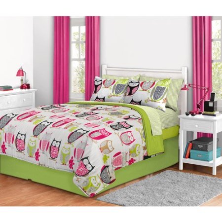 Delicate 6pc Girl Green Pink Owl Zebra Bird Twin Comforter Set