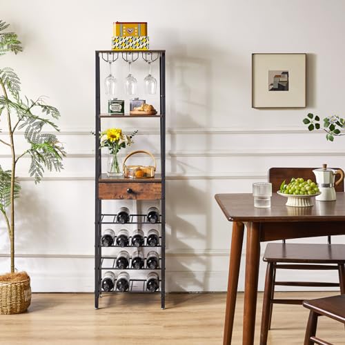 IBUYKE TMJ905H Wine Bottle Rack with Glass Door and Drawer, Brown | Countertop Bottle Storage with Shelf for Kitchen Bar Dining Room 16 Bottles