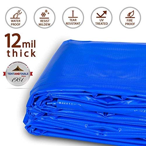 12-Foot by 16-Foot Multi-Purpose 100% Waterproof Blue Heavy Duty PVC Vinyl Tarp Cover 12 Mil Thickness for Inflatables, Tents, and Weather Protection