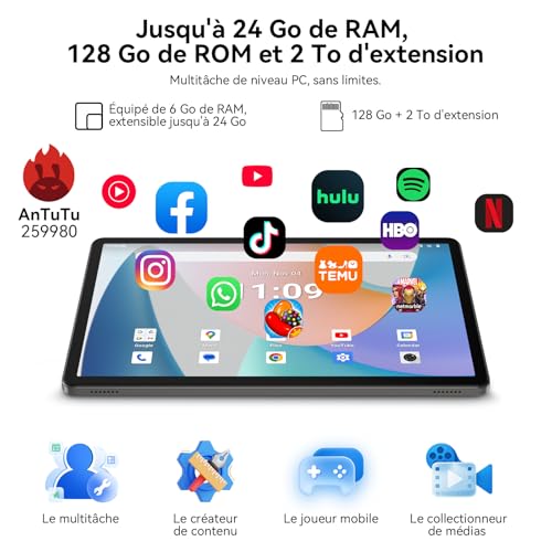 TABWEE Android 16 Tablette 11 Pouces - 24Go RAM+128Go (2To TF), Octa-Core, 90Hz Écran, 8000mAh, 13MP+8MP, Widevine L1, Gemini AI 3.1 Pro, Charge Inversée, GPS, Tablette Tactile (Garantie de 4 Ans)