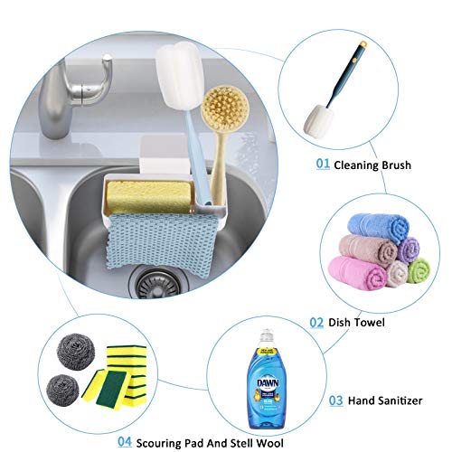 Sponge Holder for Kitchen Sink, with Holder for Sponges and Cleaning Supplies, 3-in-1 Multifunctional sponge caddy and Dish Cloth Hanger, for Kitchen, Bathroom, Soap Box Organizer with Suction Cups