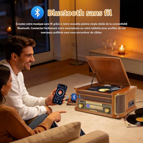 9 in 1 Turntable with Bluetooth, AM/FM Radio, CD and Cassette Player, USB Playback, Remote Control, Built-in Speakers, Vintage Turntable