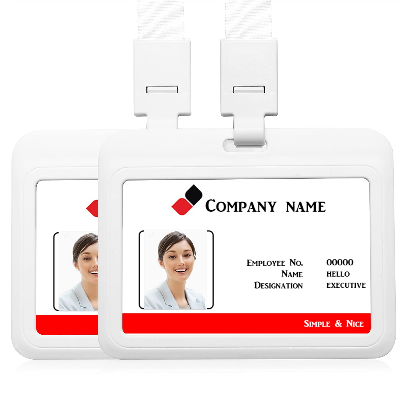 2PCS Horizontal ID Card Badge Holder with Lanyard Neck Strap Name Tag Card Holder Student Card Work Card ID Card (White)