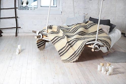 Gray striped Wool Throw Blanket, Fuzzy plaid for living room, Boho sofa bedspread Thick weighted Cover Pattern Geometric Heavy Bed Coverlet, Handmade Kilim fluffy Hand Woven Aztec modern flokati