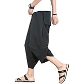 PRIJOUHE Men's Harem Capri Pants, Wide Leg Mens Capris, Summer Linen Pants