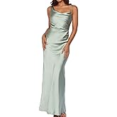 Summer Satin Maxi Dresses for Women 2025 Cowl Neck Ruched Silk Formal Wedding Guest Bridesmaid Slip Dress with Slit