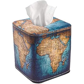 QIELIZI Tissue Box Cover,PU Leather Magnetic Closure Tissues Cube Box Cover for Bathroom Vanity Countertops, Bedroom Dressers, Night Stands, Desks and Tables(Vintage Map)