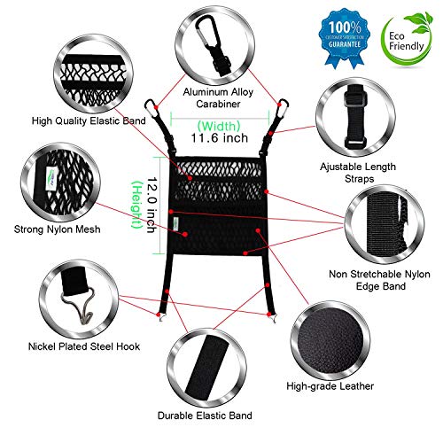 AMEIQ 3-Layer Car Mesh Organizer with Leather Box, Seat Back Net Bag, Barrier of Backseat Pet Kids, Cargo Tissue Purse Holder, Driver Storage Netting Pouch. (3 Optional Styles)