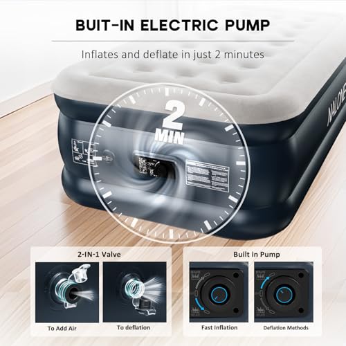 NALONE Single Inflatable Bed, Single Inflatable Mattress, Self-Inflating Air Mattress with Integrated Pump, Inflatable Mattress in 3 Minutes, Home Use 197 x 100 x 46 cm