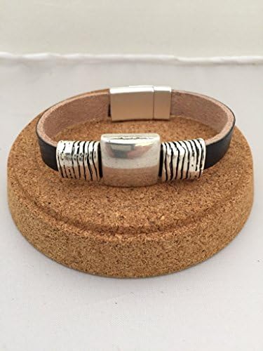 Black Leather Bracelet, Genuine Cow Leather Bracelet, Reversible, Magnetic Clasp, Square Antique Silver slider - 10mm Antique Silver sliders, Trendy bracelet, Handmade