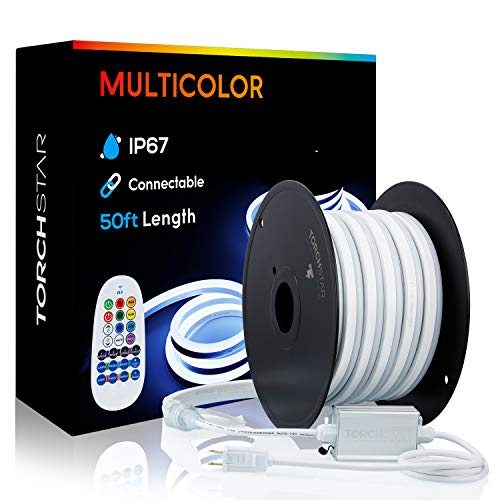 TORCHSTAR 50ft RGB Outdoor Neon Rope Light, IP67 LED Waterproof Strip Light, 12V (150ft Max) Linkable for Indoor & Outdoor Ambient Decoration, Multi-Color