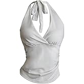 MakeMeChic Women's Sparkly Halter Tops Y2k Backless Deep V Neck Rave Crop Tops