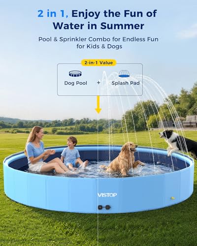 VISTOP 117" Extra Large Dog Pool with Sprinkler, Heavy Duty Foldable Hard Plastic Kiddie Pool, Non-Slip Collapsible Swimming Pool for Dogs, Kids & Pets, Portable Outdoor Backyard Water Play Tub