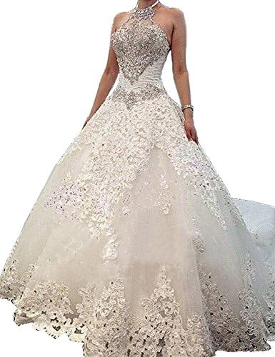 Weddinglee White Wedding Dresses for Bride Stunning Halter Beads Crystals Bow Plus Size Lace Wedding Dresses for Bride 2017 Size Custom