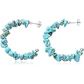 BETHZA Real Turquoise Hoop Earrings 925 Sterling Silver Raw Turquoise Gemstone Boho Earring Jewelry Gift for Women