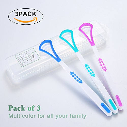 Soft Tongue Cleaner Fresh Breath - 3 Pack Bacteria Inhibiting Odorless Tongue Scraper with Ergonomic Design Non-slip Grip Carry Case Tongue Scraping Cleaner for Family Oral Care (3 pack)