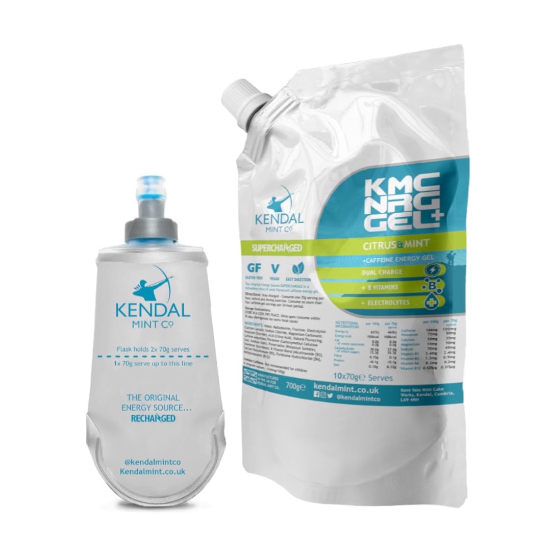KMC NRG Gel+: Caffeine Energy Gel Refill Pouch & Flask - Refreshing Citrus & Mint (10 x 70g Serves & 150ml Flask) by Kendal Mint Co.